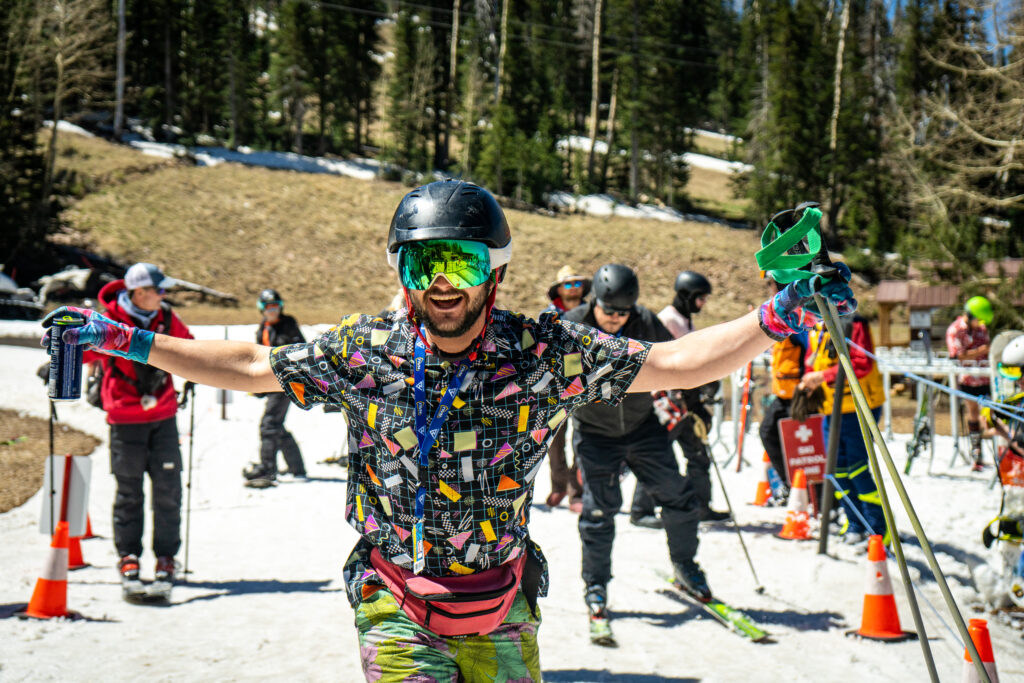 Male skier at Snowbowl on closing day. 
