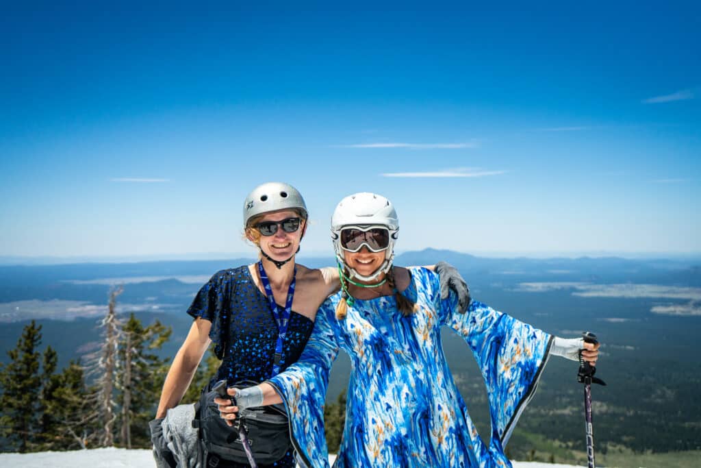 Two skiers at Snowbowl on closing day.