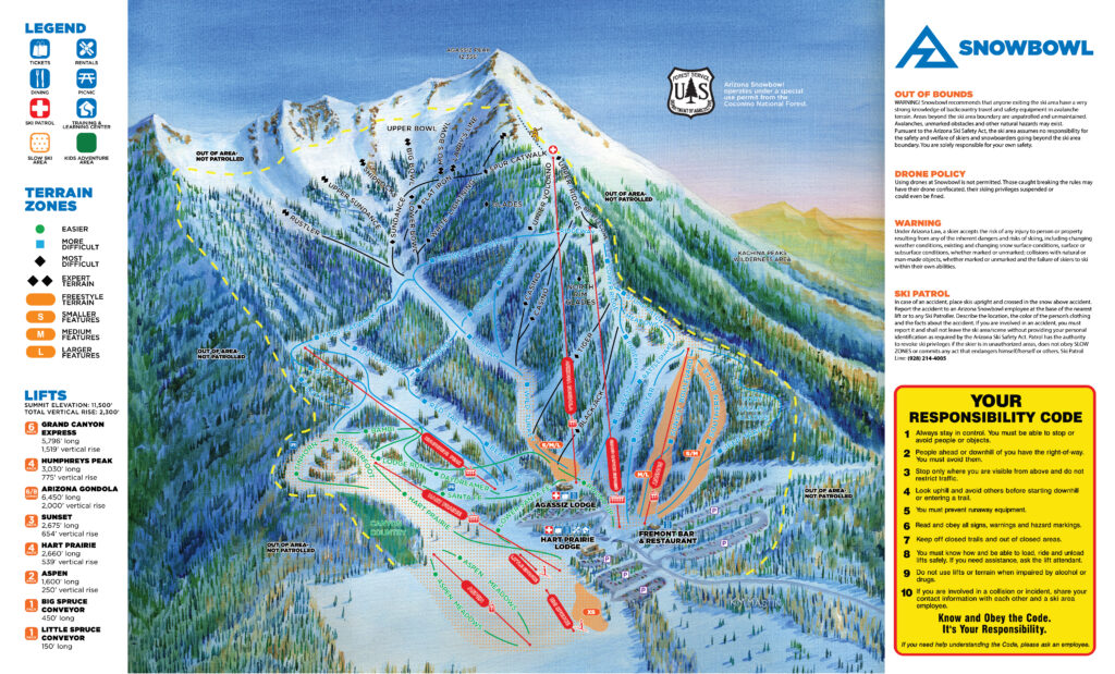 Arizona Snowbowl Terrain Map with responsibility code