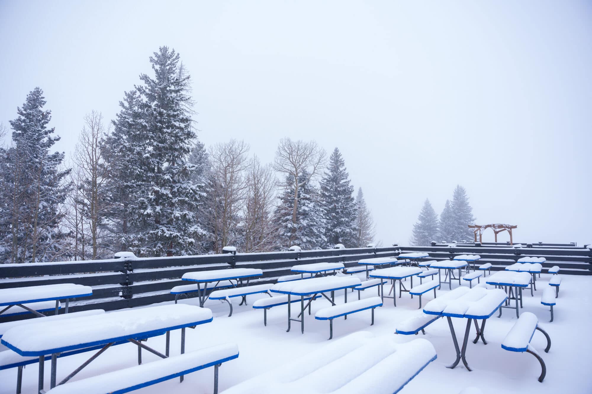 Picnic tables covered in snow