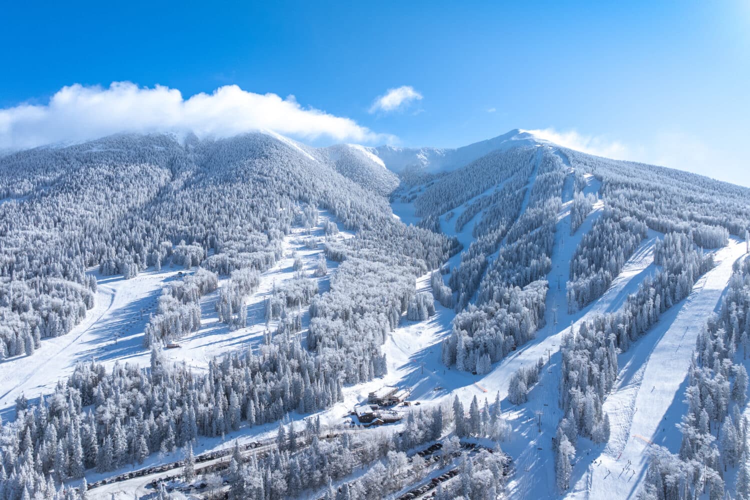 An areal photo of Snowbowl covered in snow