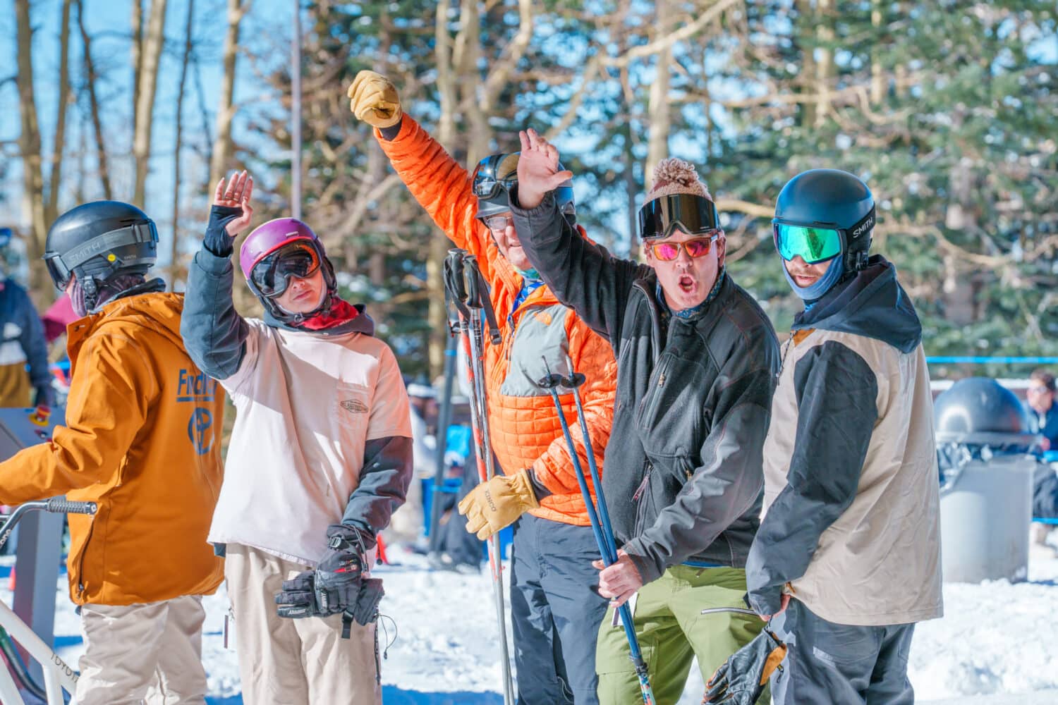 An excited group of skiers and riders at Snowbowl