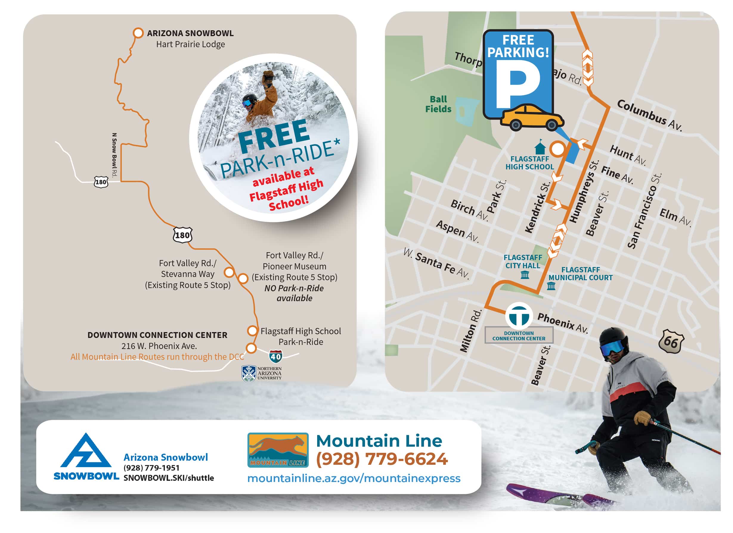 Two maps depicting the routes of the Mountain Line bus from both Flagstaff High School and Downtown Flagstaff to Arizona Snowbowl