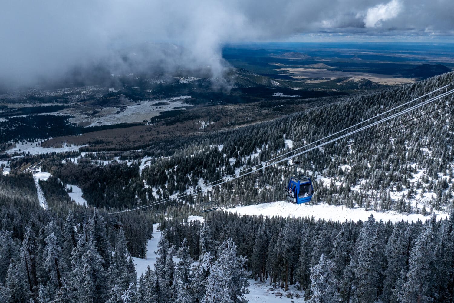 Aerial view of Snowbowl, 04.13, Arizona Gondola in operation