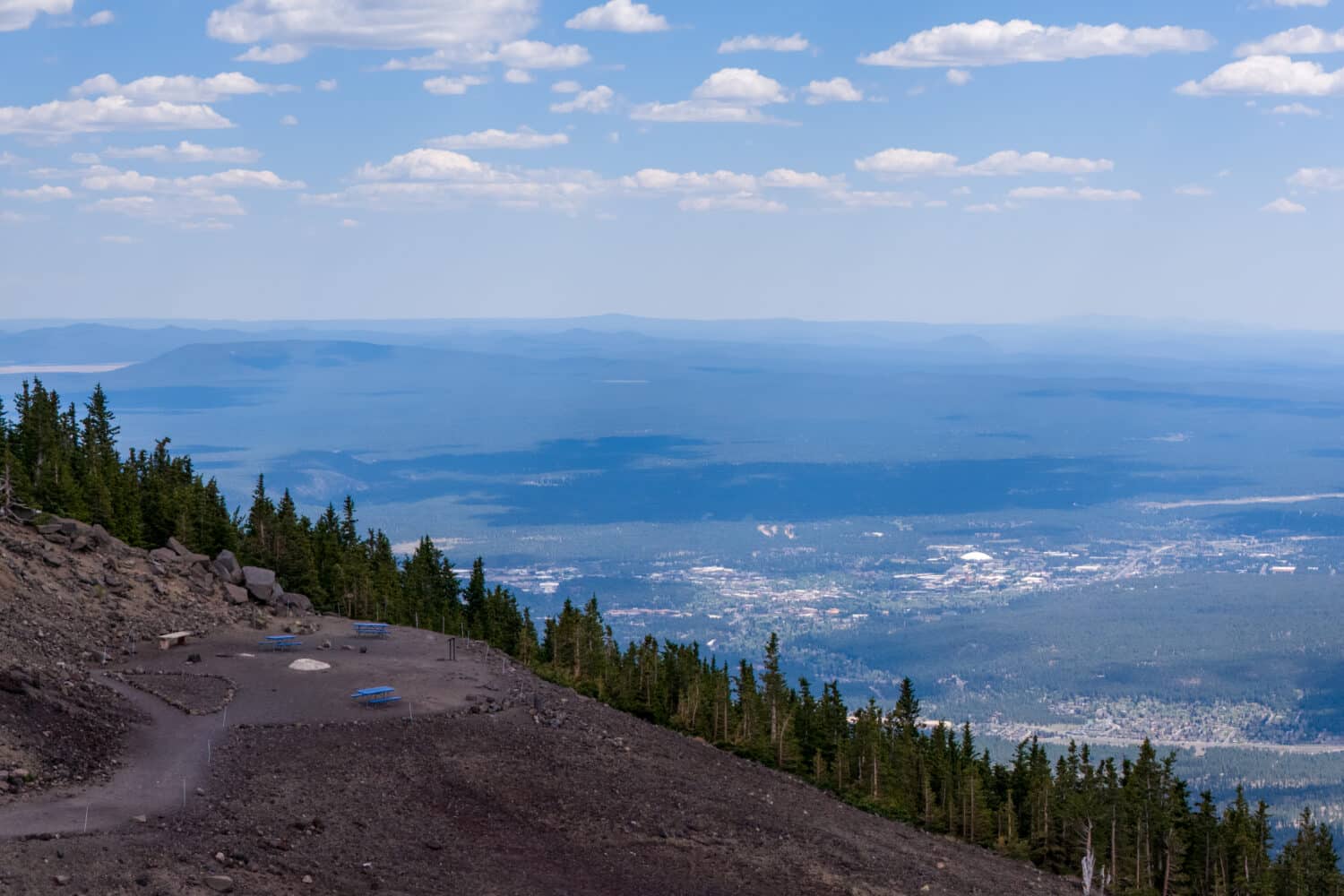 Aerial view of the Summit Overlook trail at the top of the Arizona Gondola, overlooking downtown Flagstaff