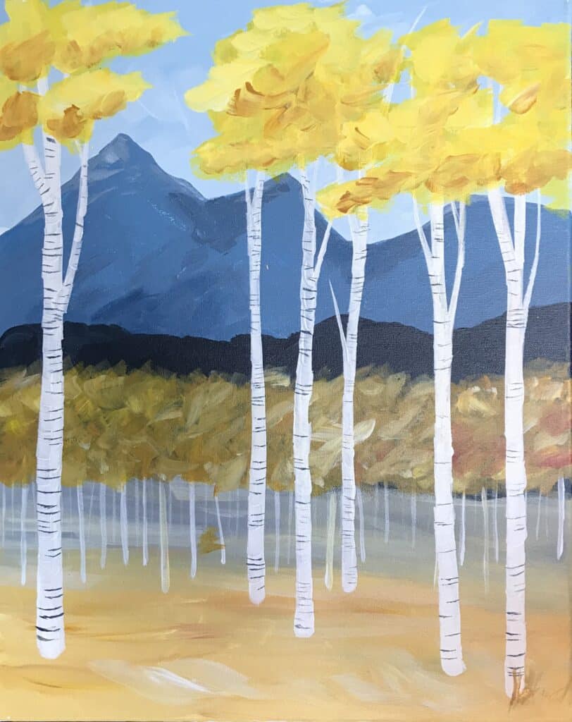 painting of aspens and mountain