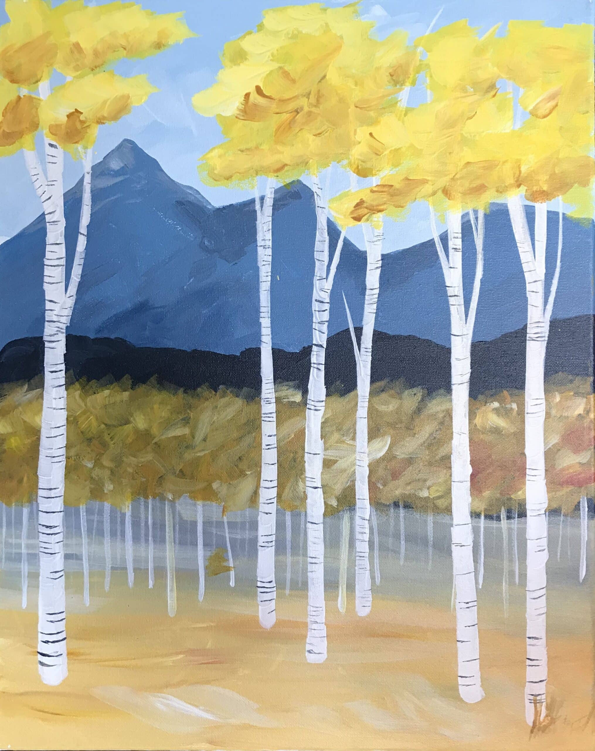 painting of aspens and mountain