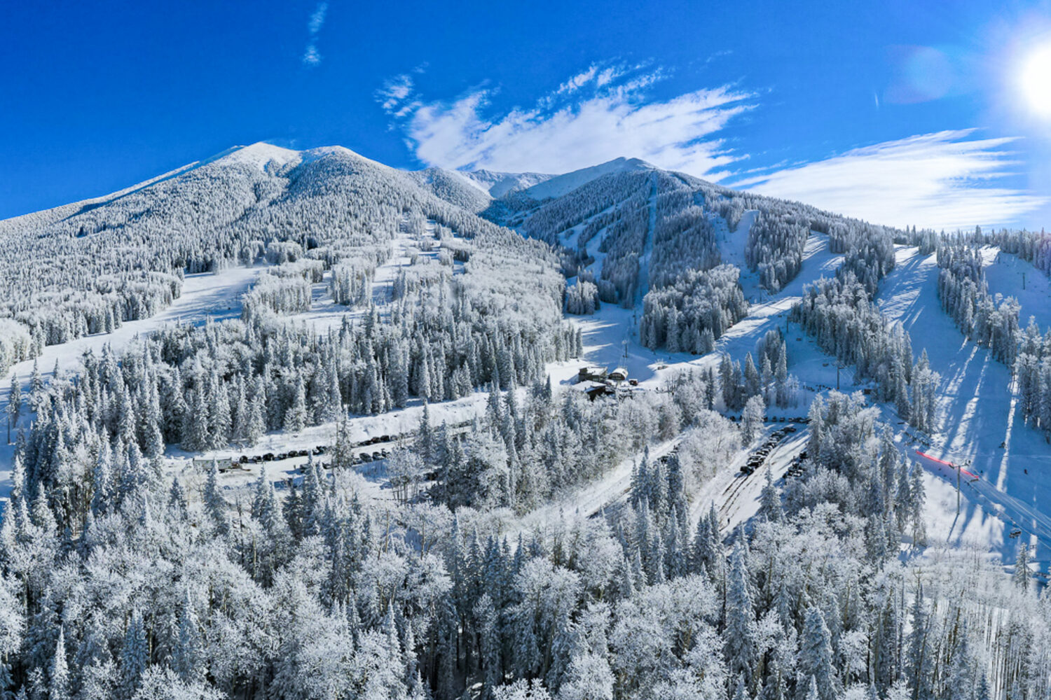 Aerial view of Snowbowl in the winter