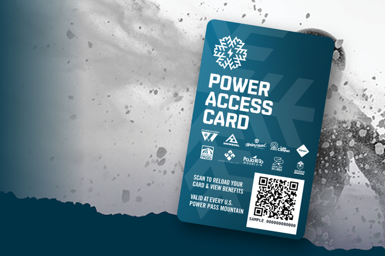 Power Access Card on a navy background with snow spray
